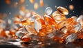 Dynamic capture of floating Omega-3 fish oil capsules, gleaming amidst shimmering droplets, against a muted gradient backdrop