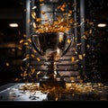 Dynamic Celebration: Trophy on Reflective Gold Podium with Falling Confetti