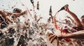 Dynamic celebration with wine splashing from bottles among a jubilant crowd