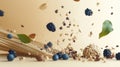 Dynamic cereal explosion with berries and oats in motion Royalty Free Stock Photo