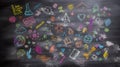 Dynamic chalkboard background with a vibrant array of hand-drawn colorful doodles and scientific symbols. Royalty Free Stock Photo
