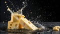 Cheese splashes with dynamic motion on a black surface, vibrant and impactful Royalty Free Stock Photo