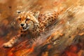Dynamic Cheetah in Fiery Abstract Artistic Background, Powerful Wildlife Concept Illustration, Speed and Nature Fusion