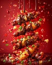 Dynamic Chocolate Covered Explosion with Nuts and Caramel Drizzle against Red Background Royalty Free Stock Photo