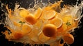 Dynamic Citrus Symphony: Oranges Caught in a Lively Water Dance. AI generation