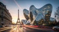 Paris cityscape with Eiffel Tower and futuristic architecture at sunset with light trails Royalty Free Stock Photo