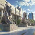 Dynamic cityscape with Sphinx and Panthera statues guarding the entrance to a commercial plaza