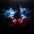 Dynamic Clash: Red and Blue Boxing Gloves in Suspenseful Mid-Air Encounter Royalty Free Stock Photo