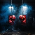 Dynamic Clash: Red and Blue Boxing Gloves in Suspenseful Mid-Air Encounter Royalty Free Stock Photo