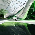 Dynamic Clash: Tennis Racket & Soccer Ball Collide in Vibrant Sports Arena