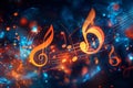 Dynamic classroom environment featuring abstract music symbols, treble clefs, and instruments Royalty Free Stock Photo