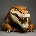 Dynamic Clay Alligator Sculpture In Brown And Ivory With Exaggerated Facial Expressions