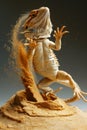 Dynamic Close Up of Bearded Dragon Shaking Off Sand with Vivid Detail on Textured Skin Against a Neutral Background