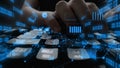 Dynamic Close-Up of Hands Typing on a Keyboard Surrounded by Data Visualization, Analytics Graphs, and Digital Elements Royalty Free Stock Photo