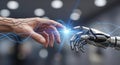 Electric Spark Connection: Human and Robotic Hands Touching, Highlighting AI Synergy and Future Technology for Business. Royalty Free Stock Photo