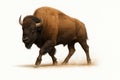 Dynamic close up powerful bison mid step walking forward across dusty ground on isolated clean white studio background Royalty Free Stock Photo