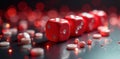 Dynamic close up of rolling red and white dice, movement, fast, dynamic