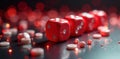 Dynamic close up of rolling red and white dice, movement, fast, dynamic
