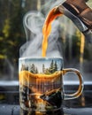 A dynamic close-up shot of pouring fresh coffee from a percolator into a mug