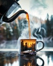 A dynamic close-up shot of pouring fresh coffee from a percolator into a mug