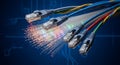 Data transmission convergence with glowing fibers Royalty Free Stock Photo