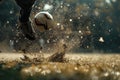 Dynamic close-up of a soccer ball mid-air with water droplets illuminated by sunlight Royalty Free Stock Photo