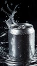 Dynamic close up of a soda can splashing liquid, creating refreshing ripples around it