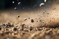 Dynamic close up of soil and rocks in motion, capturing texture and depth in earthy tones