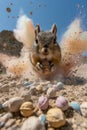 Dynamic Close up of Squirrel Mid Action with Exploding Soil and Pebbles in Natural Habitat
