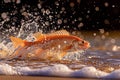 Dynamic Close Up of a Vibrant Orange Fish Splashing Water at Sunset with Water Droplets in Air Royalty Free Stock Photo