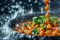 Dynamic Close up View of Chickpeas and Parsley with Water Splashes Against a Dark Background
