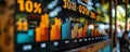Dynamic closeup of a digital display showing vibrant financial data, including bar graphs and percentage changes