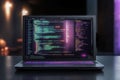 Dynamic coding session in a modern workspace with a laptop displaying colorful programming scripts