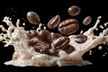 Dynamic coffee beans splashing in milk on black background Royalty Free Stock Photo