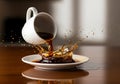 Dynamic coffee pour captures splash action from tilted cup onto saucer Royalty Free Stock Photo