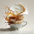 Dynamic coffee splash captured in a cup on a minimalistic background. Generative AI Royalty Free Stock Photo