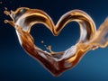 Dynamic coffee splash forming heart shape on blue background Royalty Free Stock Photo