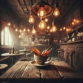 Dynamic Coffee Splash in a Rustic Cafe with Vintage Edison Lighting