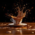 Dynamic coffee splash in white cup, high-speed photography. energetic morning drink concept. beautiful brown tones table Royalty Free Stock Photo