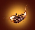 Dynamic coffee splashes with coffee beans and a broken chocolate bar in motion on a brown background. Generative AI Royalty Free Stock Photo