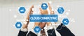 Dynamic Collaboration in Cloud Computing with Hands and Digital Icons Representing Data Storage, Backup Solutions, and Royalty Free Stock Photo