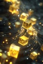 A Dynamic Collection of Illuminated Golden Cubes Surrounded by Glimmering Light Trails in an Abstract Digital Environment Royalty Free Stock Photo