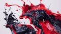 A dynamic collision between red and black liquids, with both splashing and merging in a mesmerizing display of color and