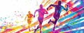 Colorful runners crossing the finish line in a vibrant abstract art style