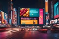 The dynamic and colorful displays of digital billboards and advertisements in urban centers