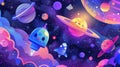A dynamic and colorful illustration of smiling planets a rocket and stars depicting a lively cartoon space adventure