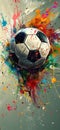 Dynamic, colorful paint splashes enhance a vibrant soccer ball artwork Royalty Free Stock Photo