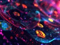 Dynamic and colorful representation of a digital cryptocurrency network featuring floating Bitcoin coins amidst a vivid background