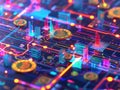 A dynamic and colorful representation of a digital cryptocurrency network featuring floating Bitcoin coins amidst a vivid