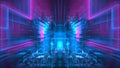 Dynamic colors fill the space with a blend of blue and pink hues, creating an immersive, abstract environment. Geometric shapes